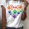 Women DJ | Women'S Lgbt Pride Rainbow Paw Print Love Casual Print T-Shirt