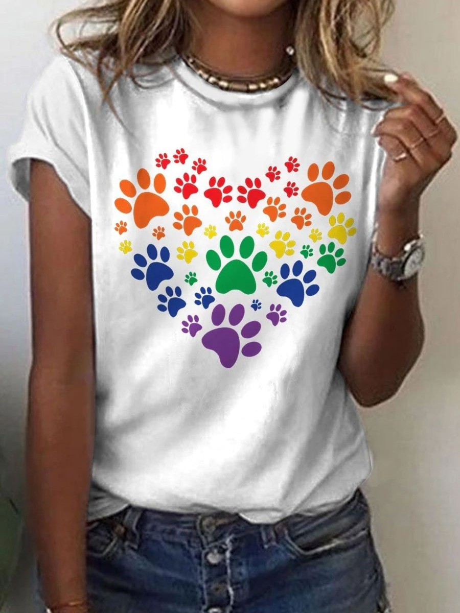 Women DJ | Women'S Lgbt Pride Rainbow Paw Print Love Casual Print T-Shirt