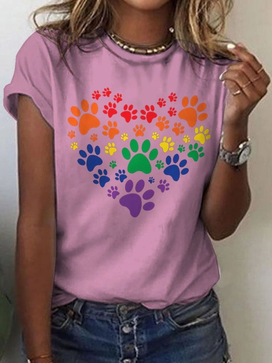 Women DJ | Women'S Lgbt Pride Rainbow Paw Print Love Casual Print T-Shirt