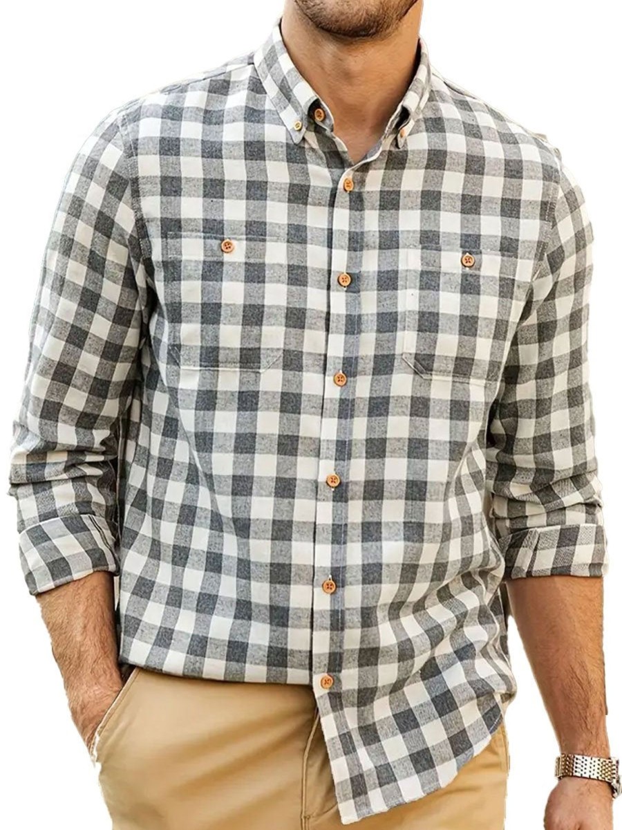 Men TH Casual Long Sleeve Shirts | Men'S Casual Button Up Plaid Print Long Sleeve Shirt Gray