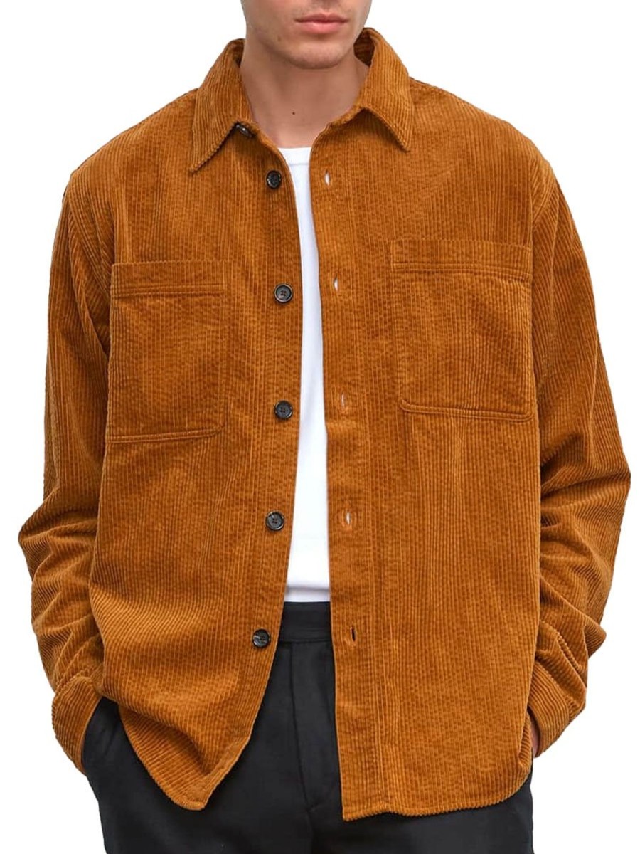 Men BXL Jacket | Men'S Solid Color Corduroy Casual Pocket Shirt Jacket Orange