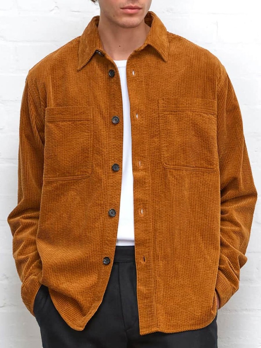 Men BXL Jacket | Men'S Solid Color Corduroy Casual Pocket Shirt Jacket Orange