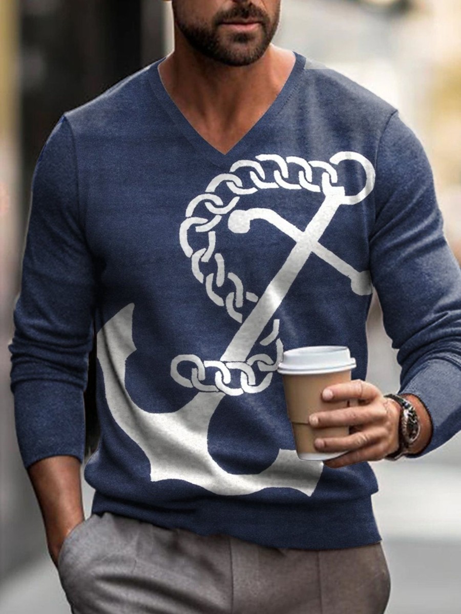 Men DJ Print Sweater | Vintage Anchor Print V-Neck Knit Pullover Navy