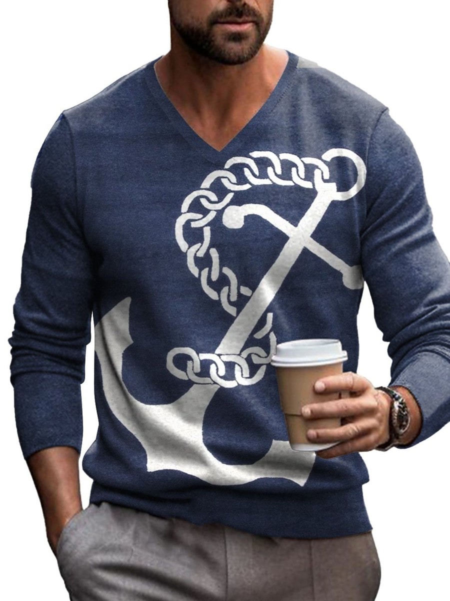 Men DJ Print Sweater | Vintage Anchor Print V-Neck Knit Pullover Navy