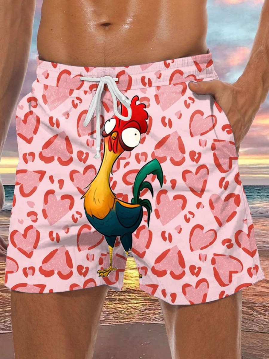 Men DJ Shorts | Love And Cartoon Cock Print Pocket Casual Shorts Pink