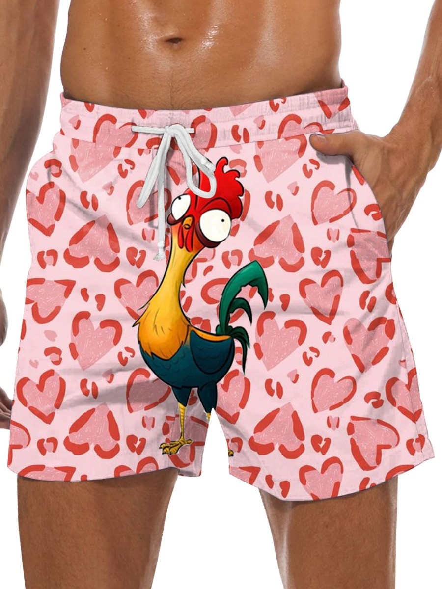 Men DJ Shorts | Love And Cartoon Cock Print Pocket Casual Shorts Pink