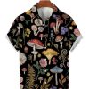 Men DJ Shirts | Men'S Mushroom Plant Print Casual Short Sleeve Shirt Black