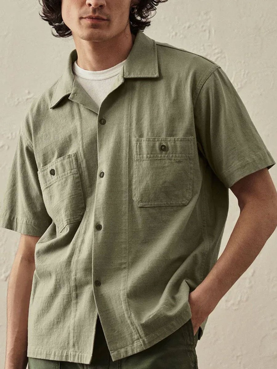 Men BXL Casual Shirts | Men'S Solid Color Cotton Pocket Casual Short Sleeve Shirt Light Green