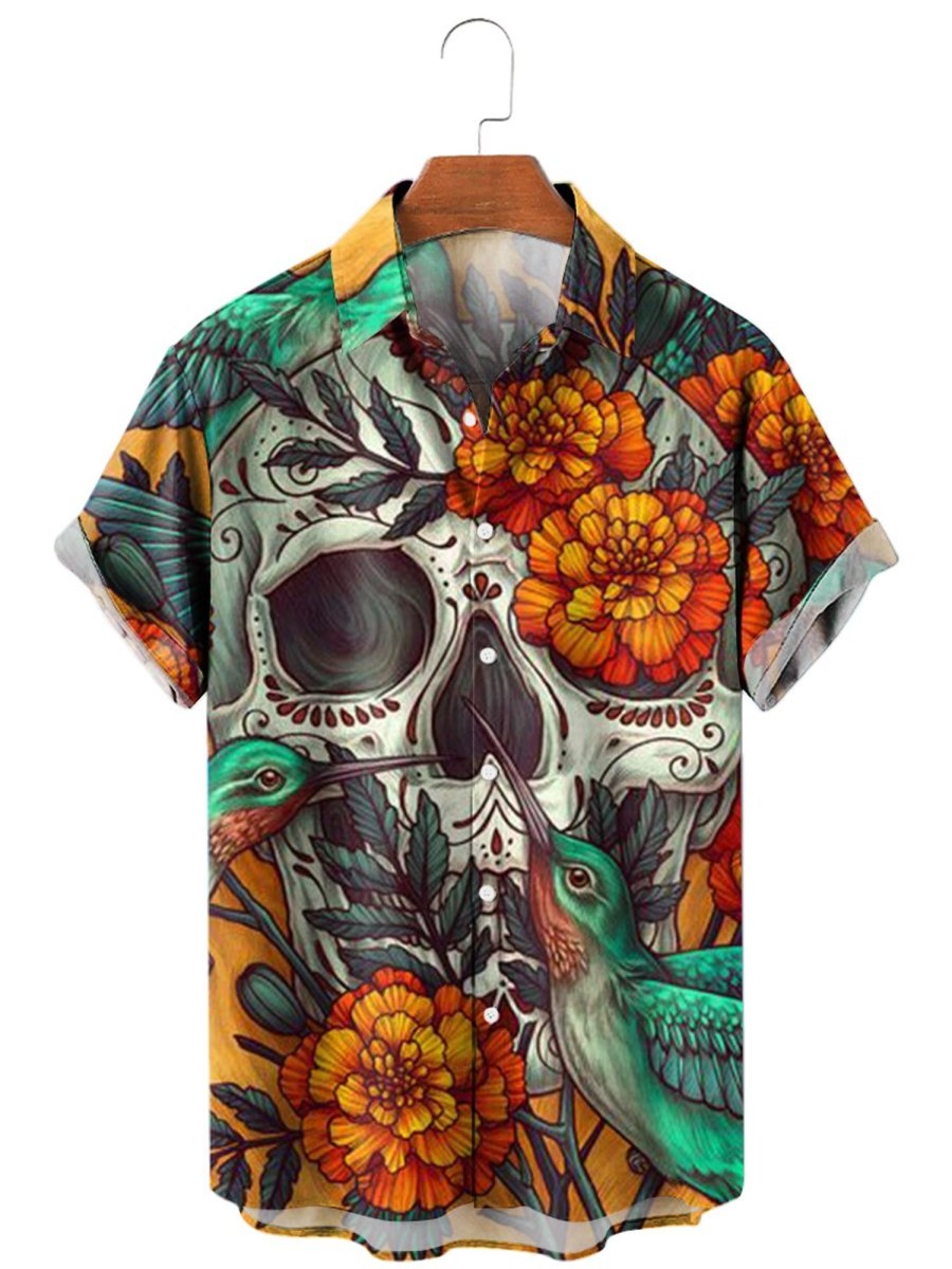 Men MW Shirts | Men'S Lapel Skull Print Short Sleeve Shirt 08803260M Green