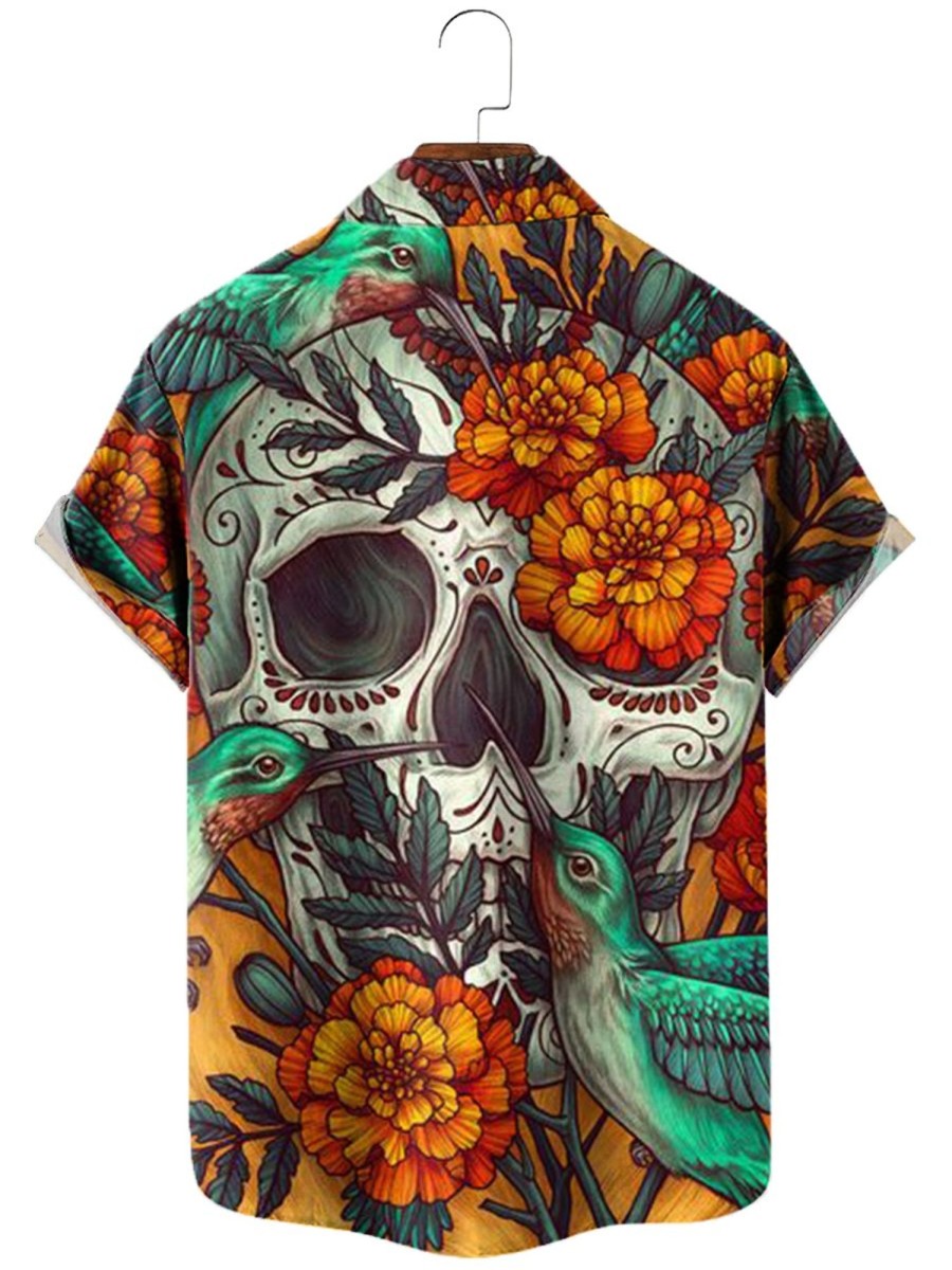 Men MW Shirts | Men'S Lapel Skull Print Short Sleeve Shirt 08803260M Green