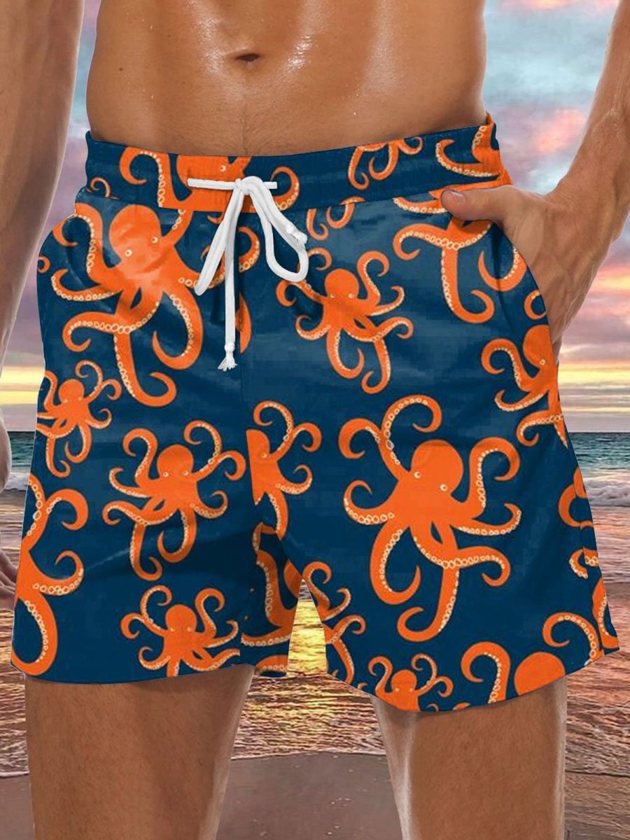 Men DJ Bottoms | Men'S Octopus Print Double Pocket Lace Up Beach Shorts Red