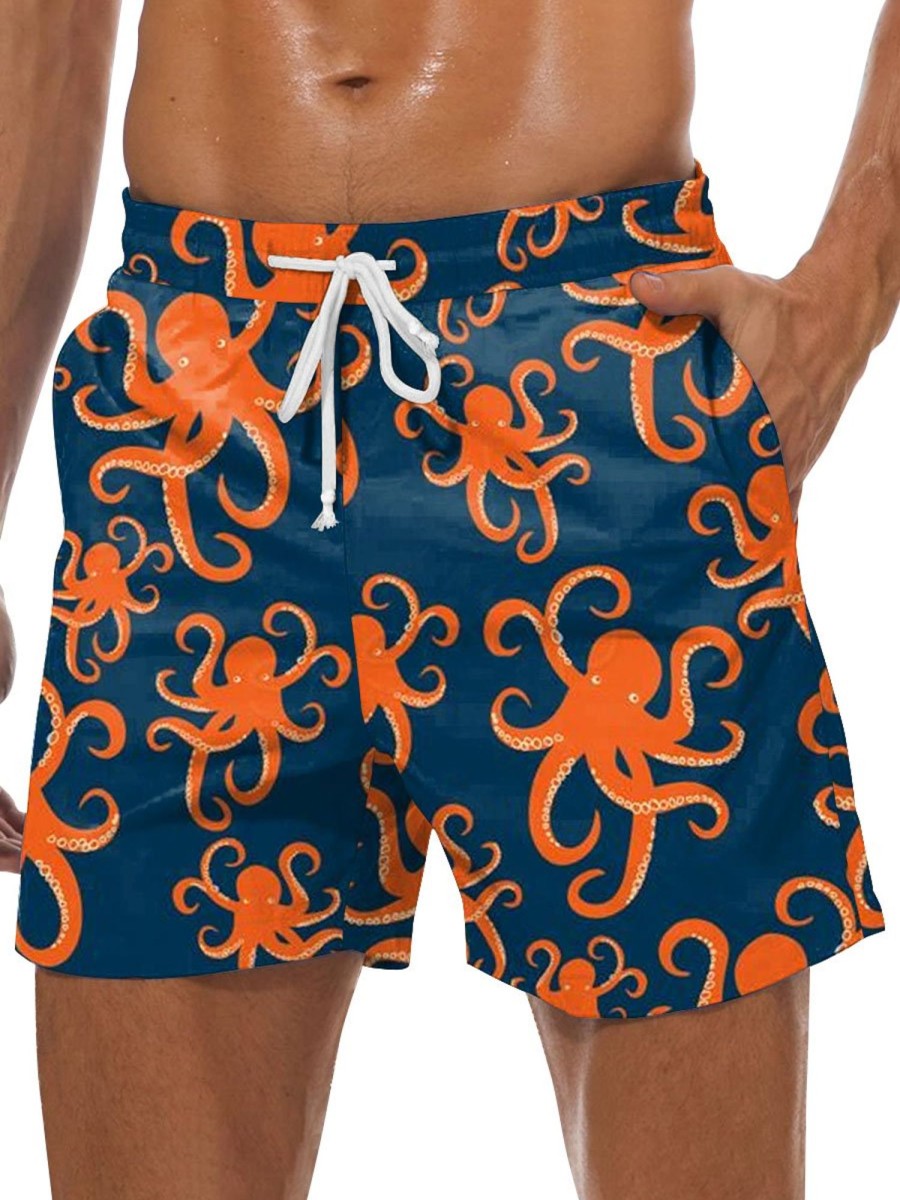 Men DJ Bottoms | Men'S Octopus Print Double Pocket Lace Up Beach Shorts Red