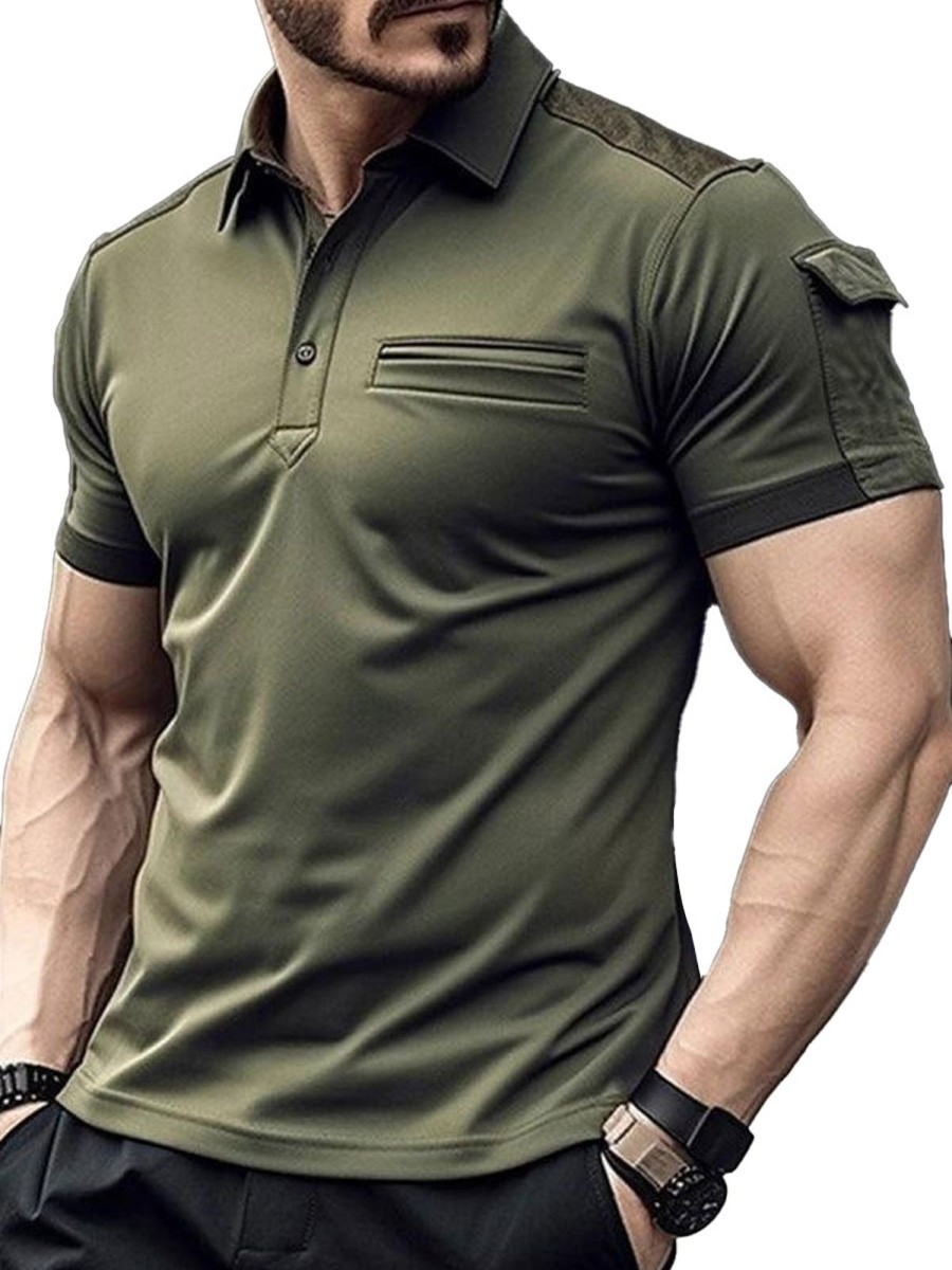 Men BXL Casual Shirts | Men'S Shoulder Suede Panel Cotton Polo Collar Short Sleeve T-Shirt Army Green