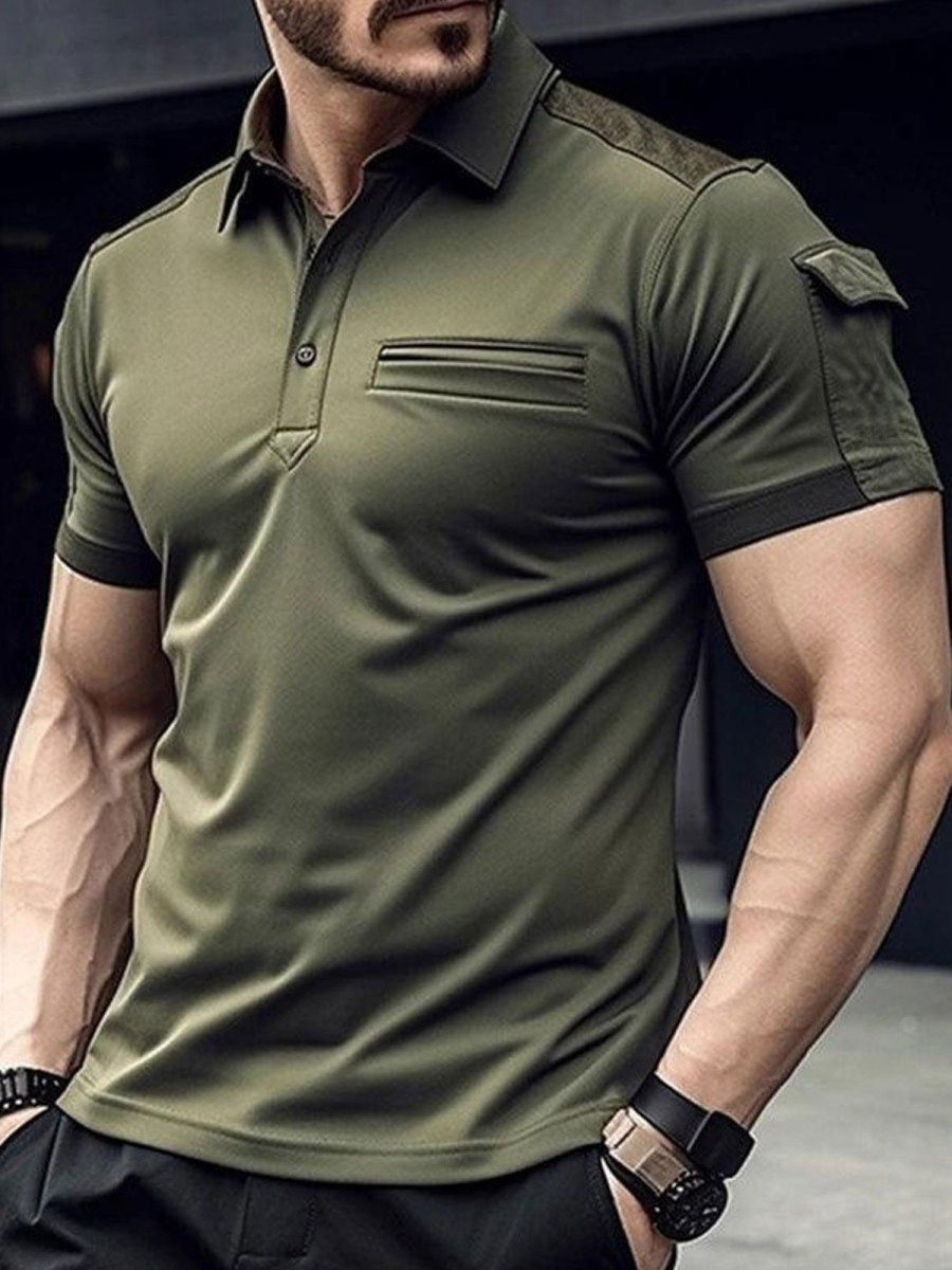 Men BXL Casual Shirts | Men'S Shoulder Suede Panel Cotton Polo Collar Short Sleeve T-Shirt Army Green