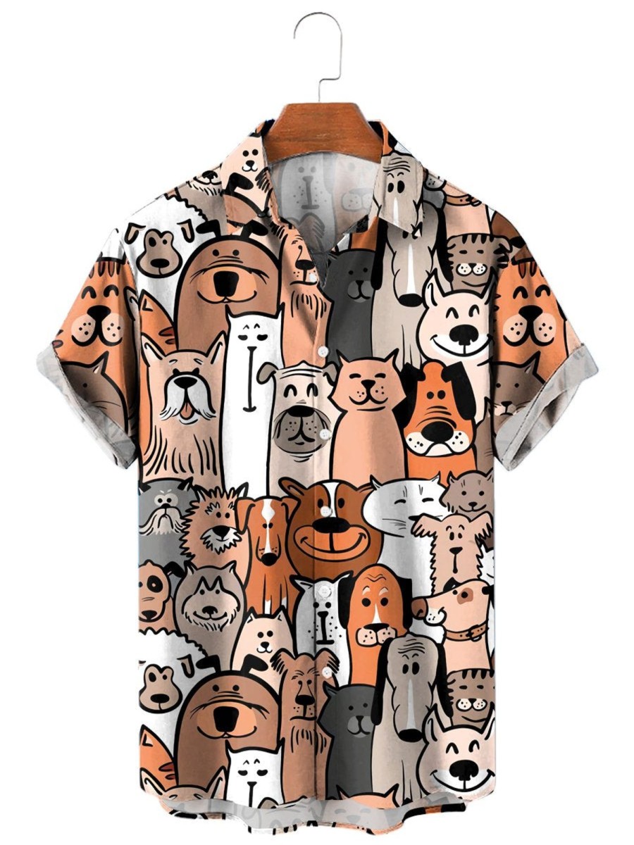 Men HLJ Shirts | Men'S Funny Multicolor Dog Print Short Sleeve Shirt Photo Color