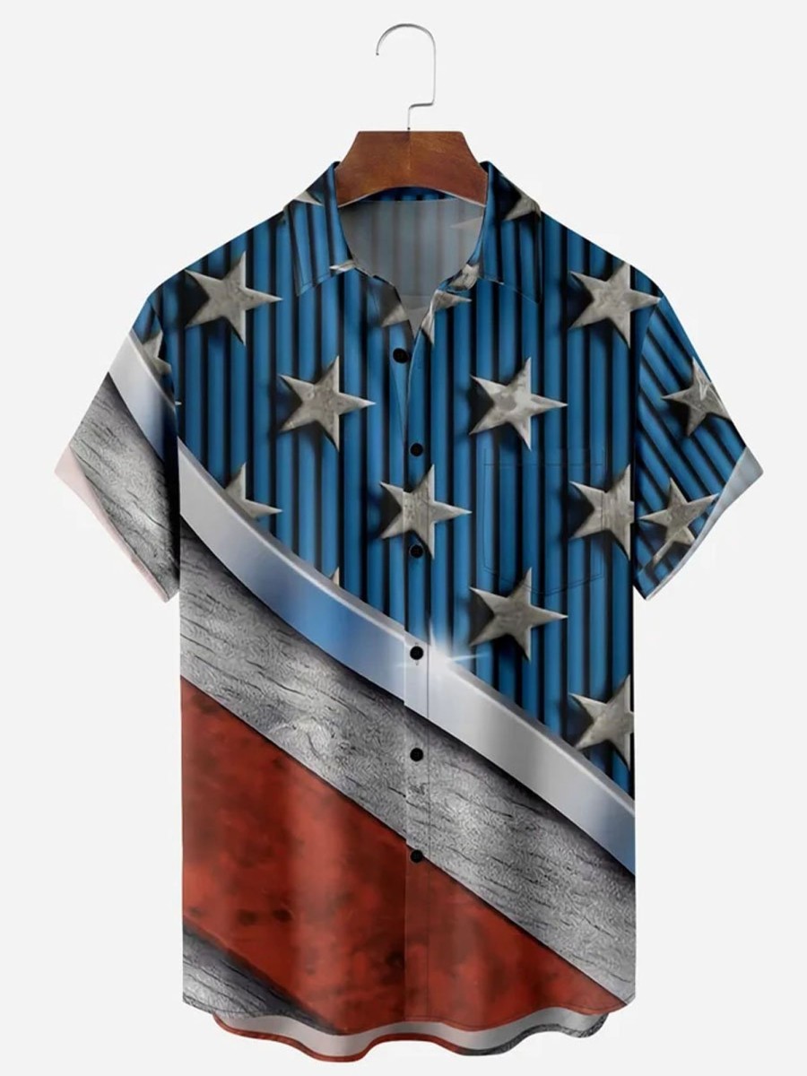 Men DJ Shirts | American Flag Chest Pocket Short Sleeves Casual Shirts Blue