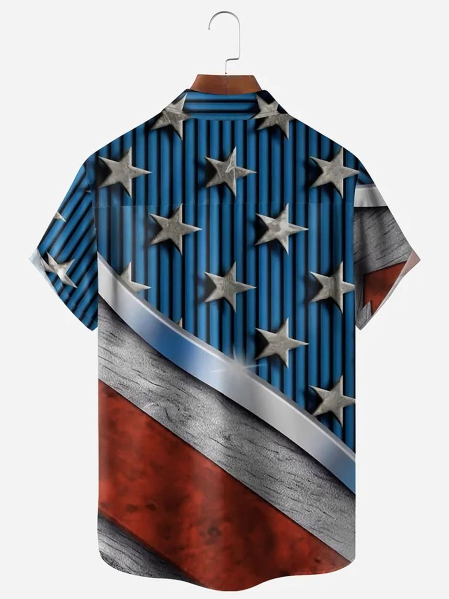 Men DJ Shirts | American Flag Chest Pocket Short Sleeves Casual Shirts Blue