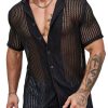 Men DJ Casual Shirts | Lapel Sexy Single Breasted Casual Short Sleeve Shirt Black