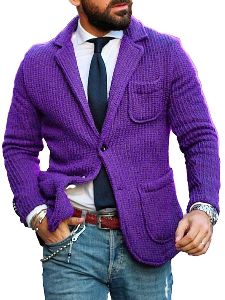 Men DJ Cardigan | Lapel 3-Pocket Knitted Cardigan Purple