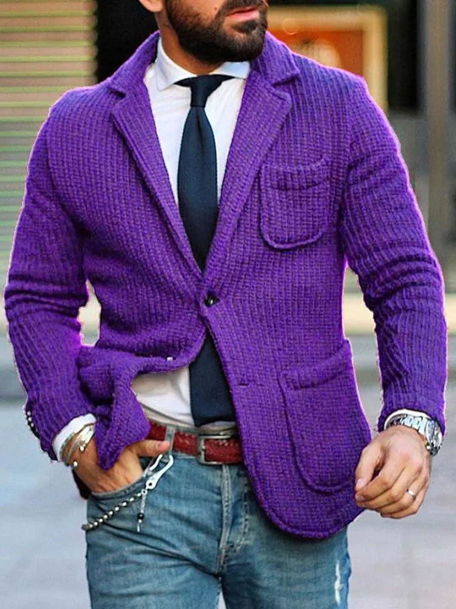 Men DJ Cardigan | Lapel 3-Pocket Knitted Cardigan Purple