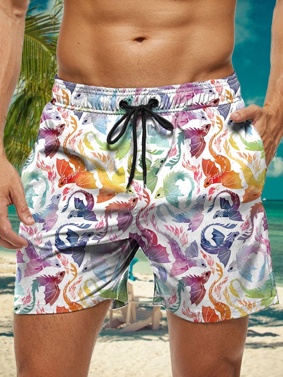 Men HWT Bottoms | Men'S Shorts Holiday Rainbow Dragon Print Beach Shorts White