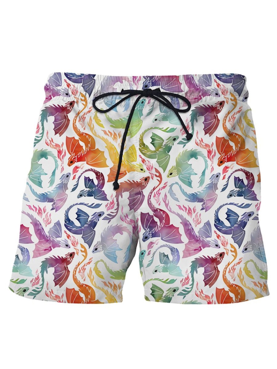 Men HWT Bottoms | Men'S Shorts Holiday Rainbow Dragon Print Beach Shorts White