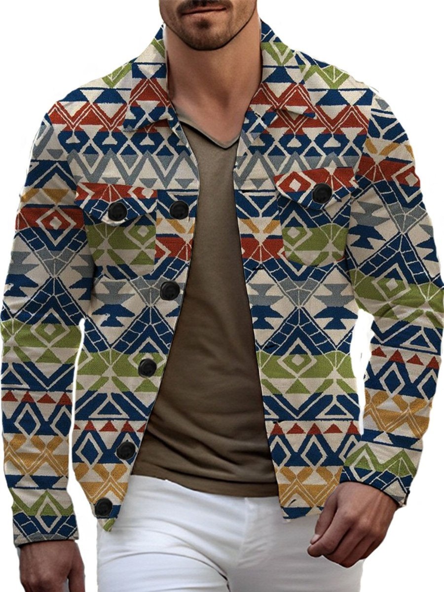 Men DJ Jacket | Vintage Ethnic Geometric Print Pocket Lapel Jacket Photo Color