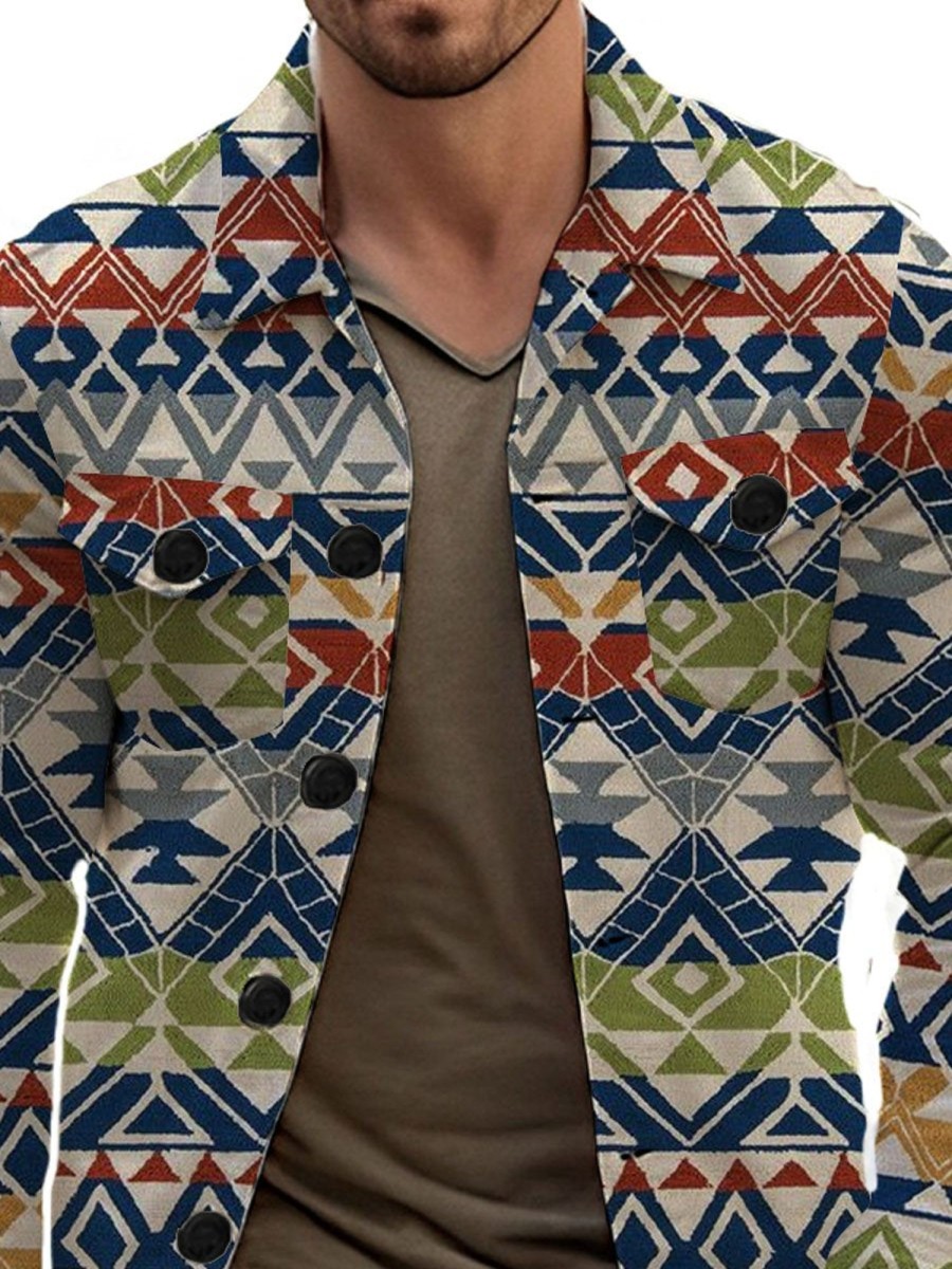 Men DJ Jacket | Vintage Ethnic Geometric Print Pocket Lapel Jacket Photo Color