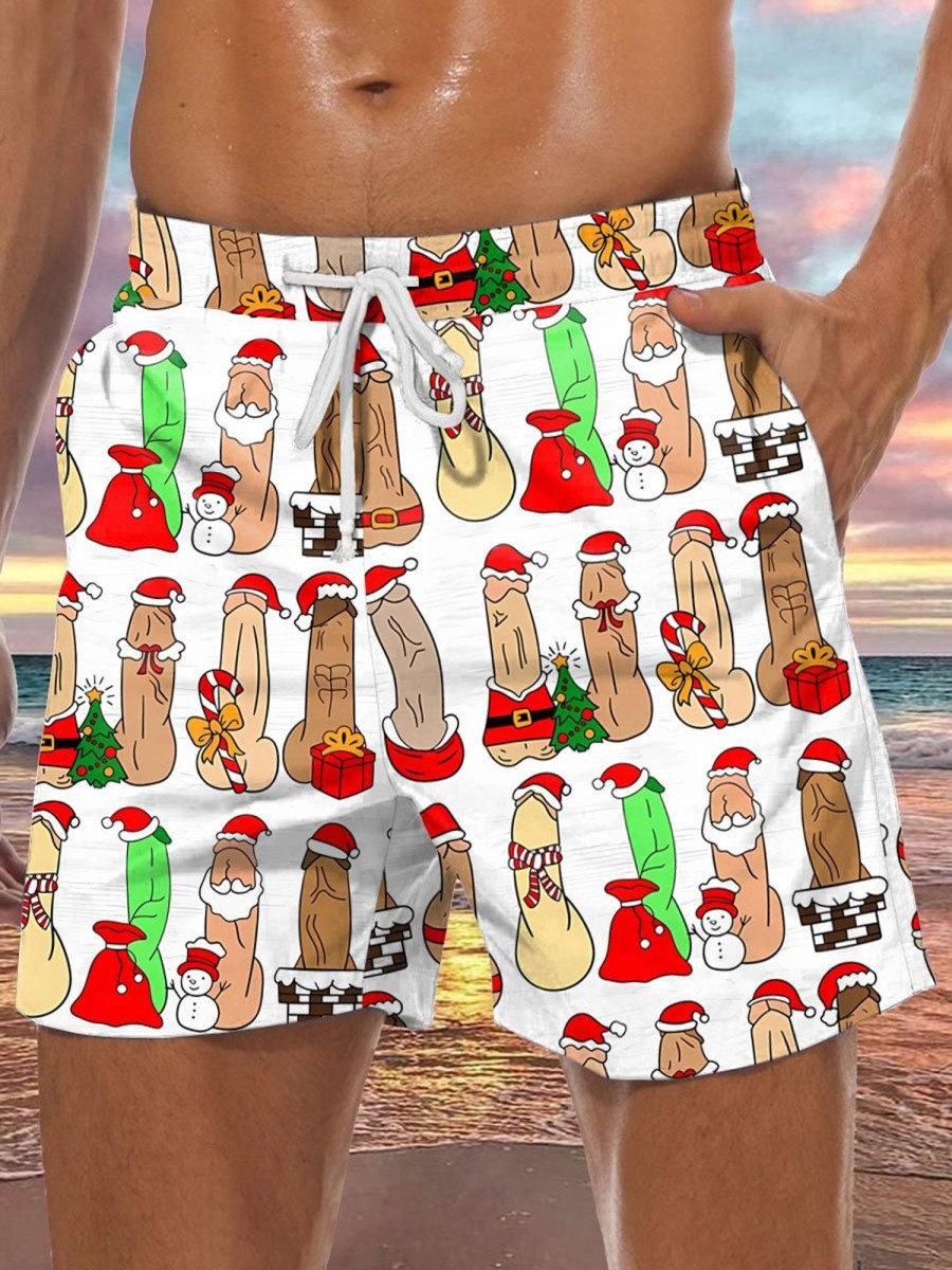 Men DJ Bottoms | Fun Christmas Cocks Print Pocket Casual Shorts