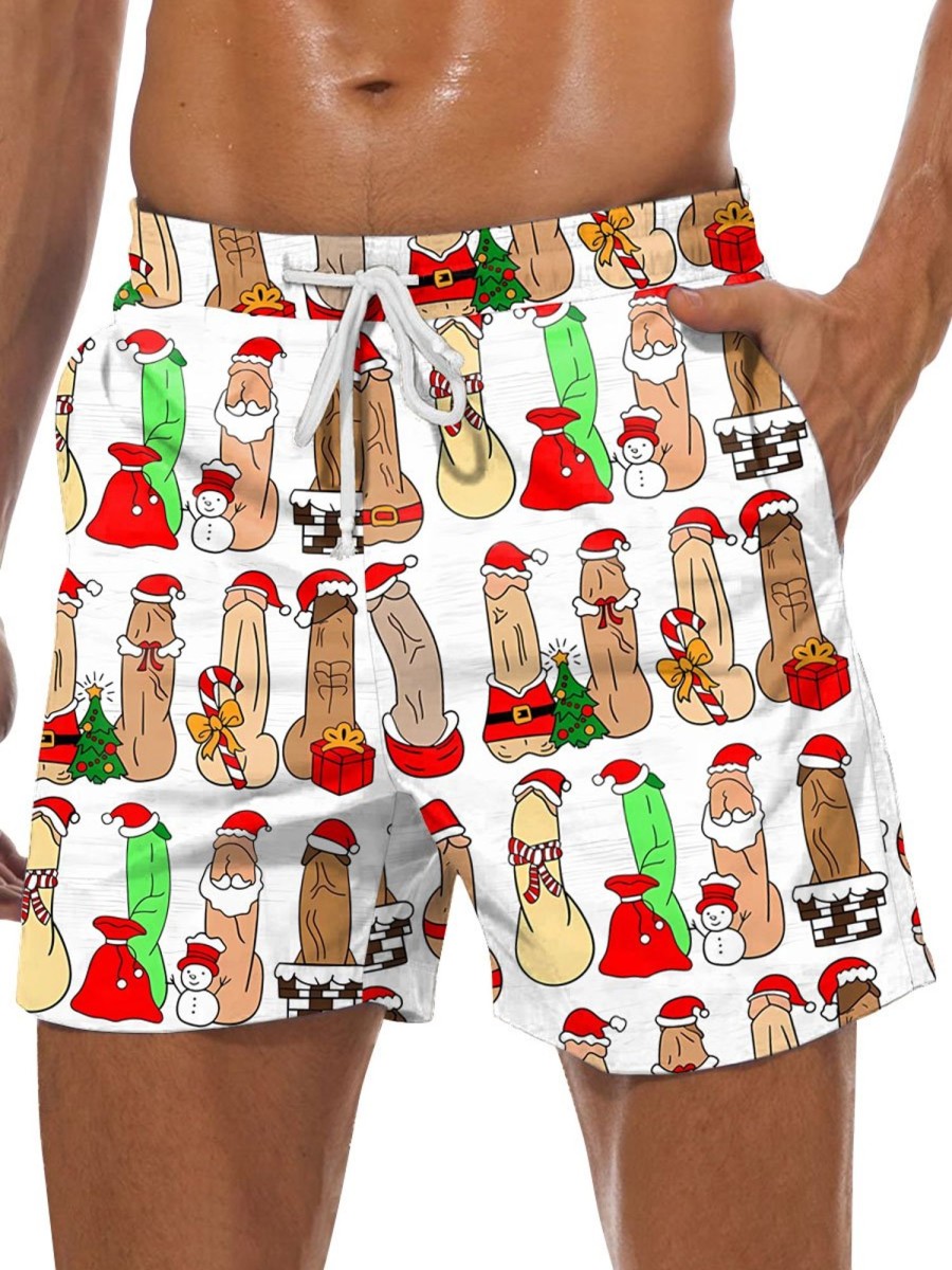 Men DJ Bottoms | Fun Christmas Cocks Print Pocket Casual Shorts