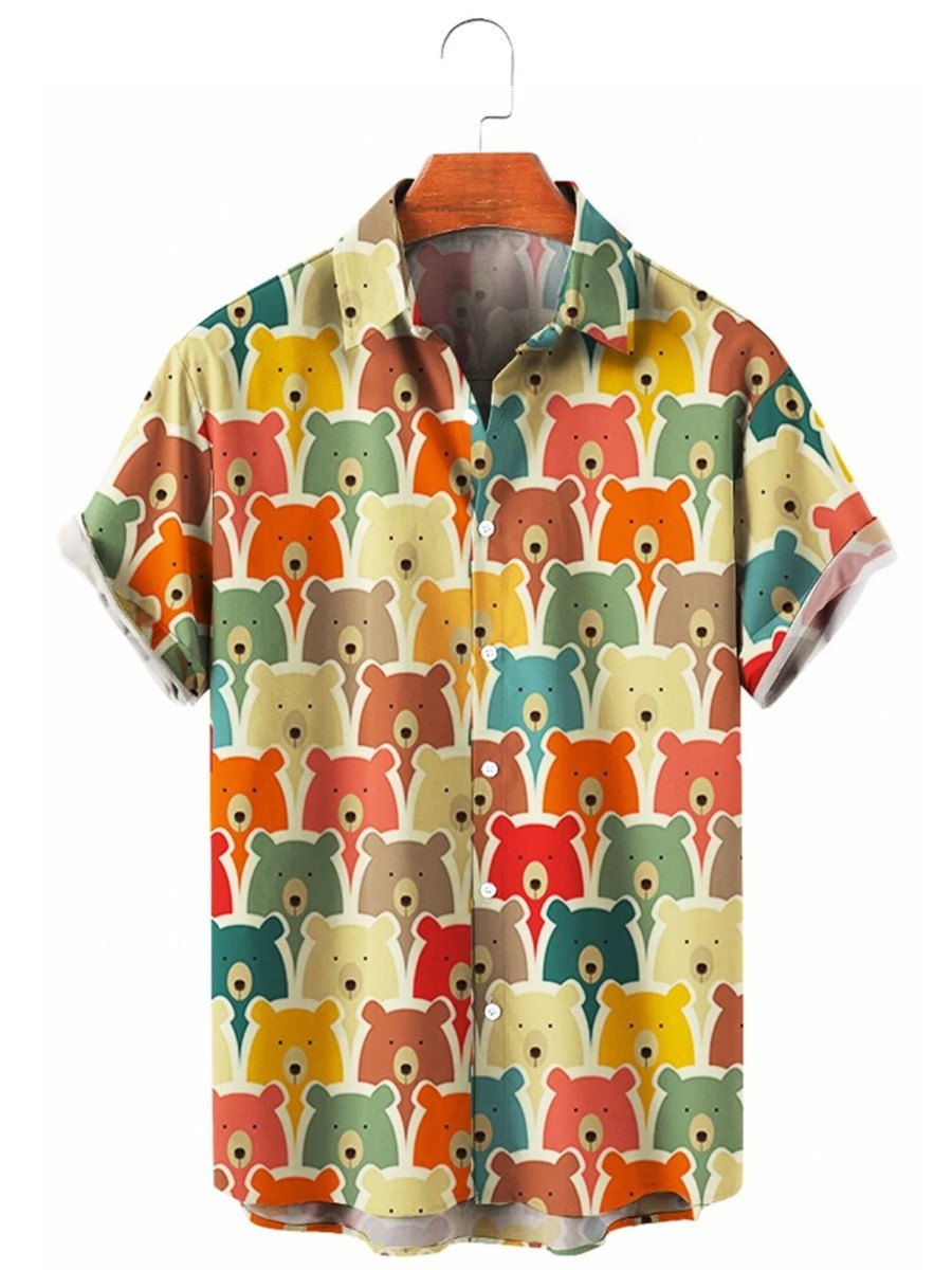 Men HLJ Shirts | Men'S Bear Print Casual Short Sleeve Shirt Yellow