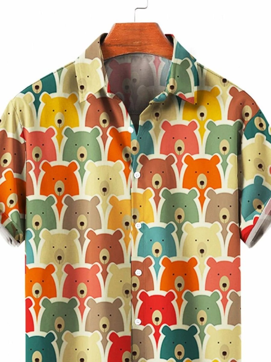 Men HLJ Shirts | Men'S Bear Print Casual Short Sleeve Shirt Yellow