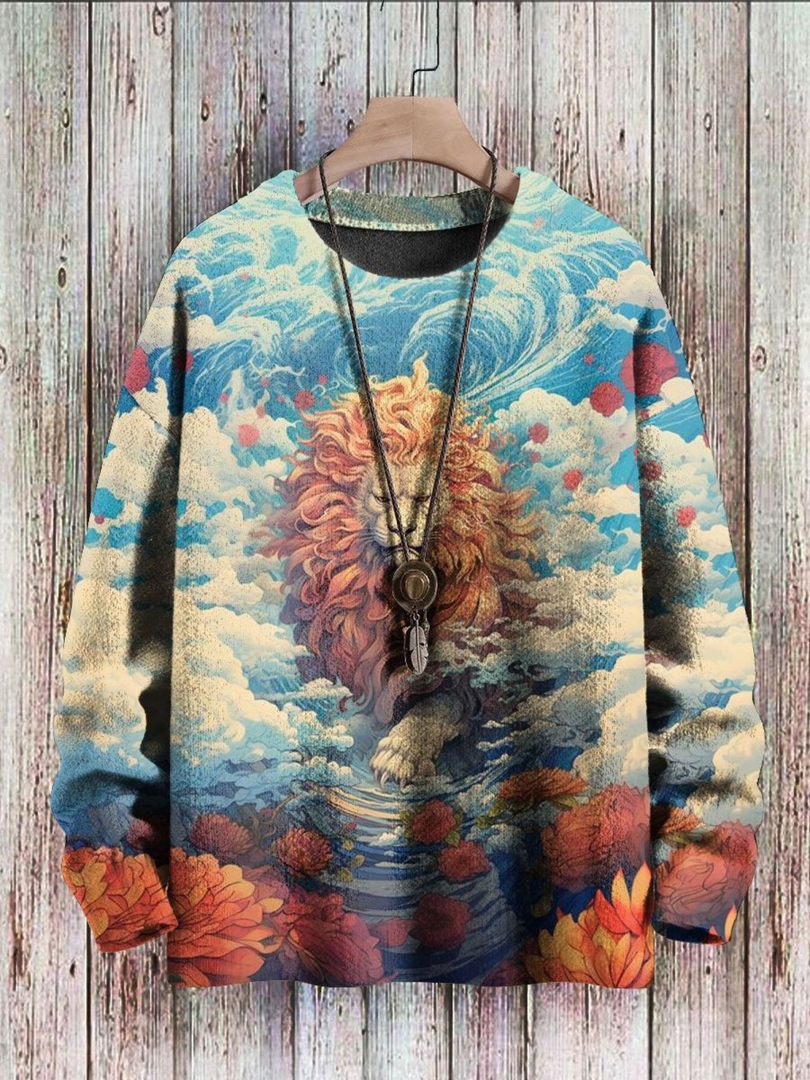 Men BXL Print Sweater | Men'S And Women'S Save The Animals Lion Art Painted Crew Neck Sweater Orange