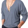 Men DJ Casual Long Sleeve Shirts | Retro Solid Color V-Neck Casual Long-Sleeved T-Shirt Gray Blue