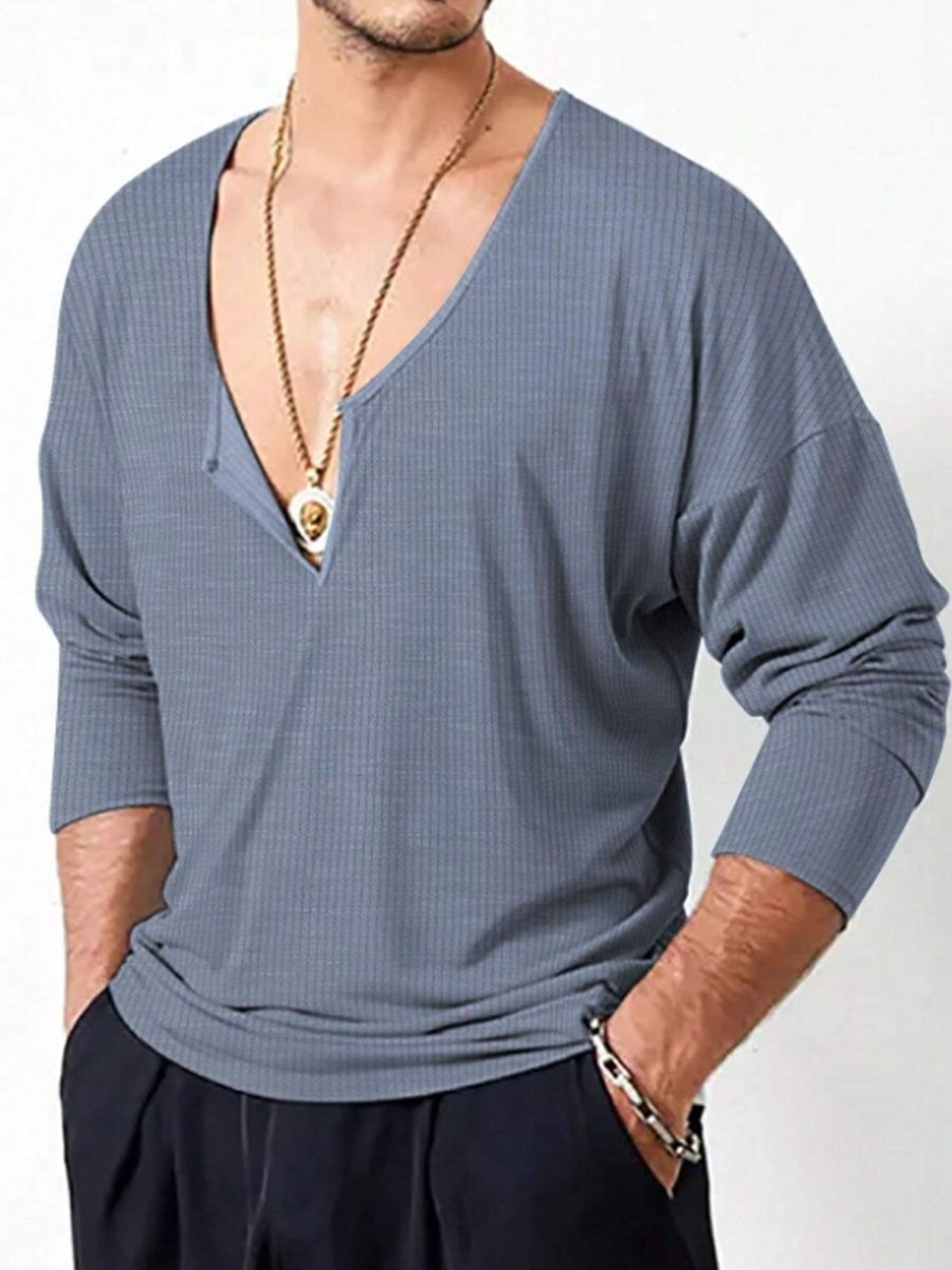 Men DJ Casual Long Sleeve Shirts | Retro Solid Color V-Neck Casual Long-Sleeved T-Shirt Gray Blue