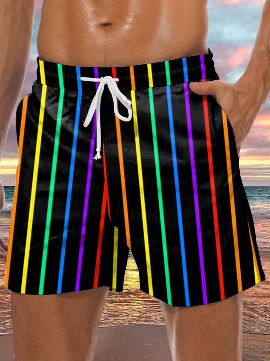 Men DJ Shorts | Rainbow Line Print Pocket Tie Shorts Photo Color