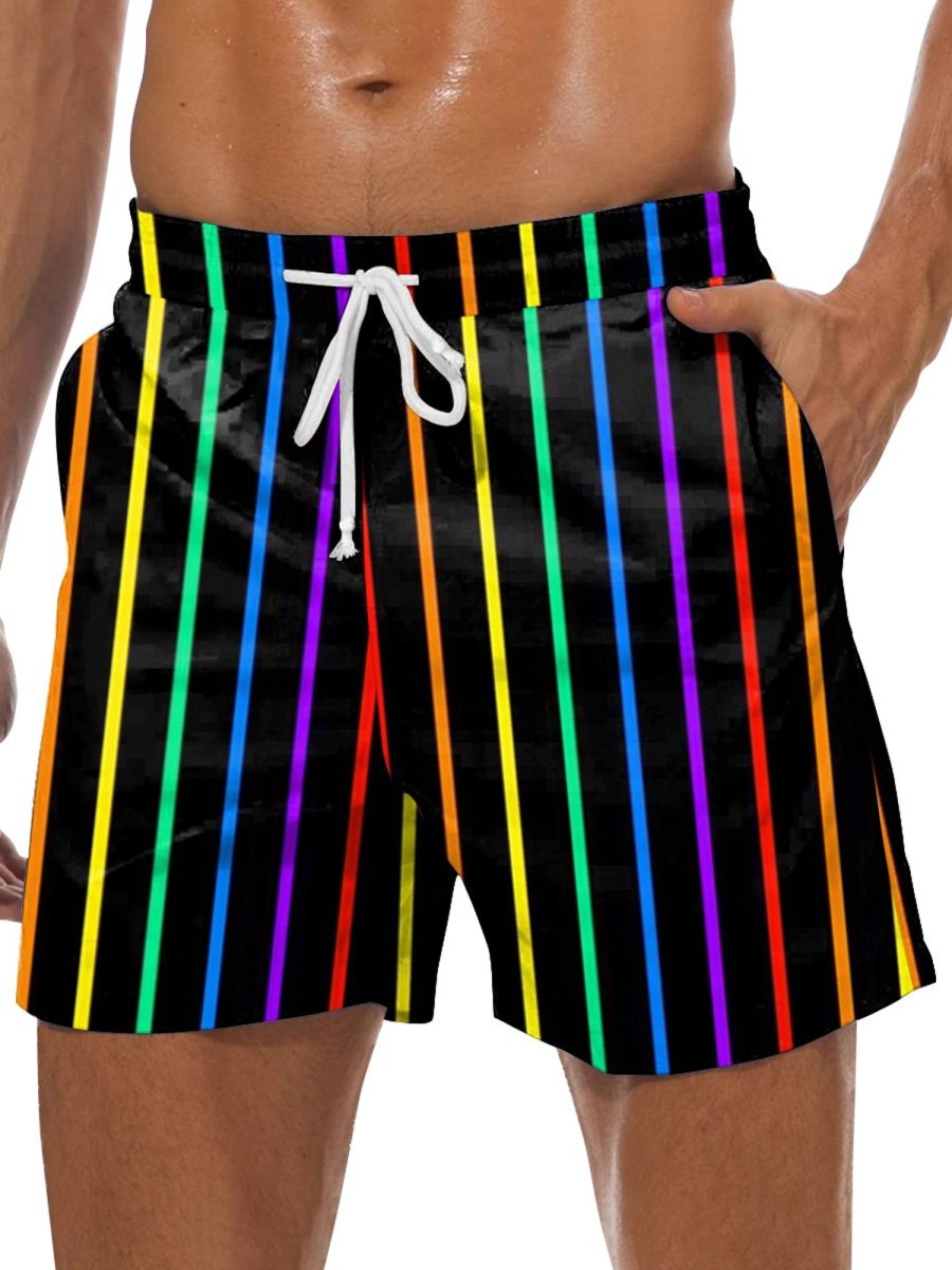 Men DJ Shorts | Rainbow Line Print Pocket Tie Shorts Photo Color