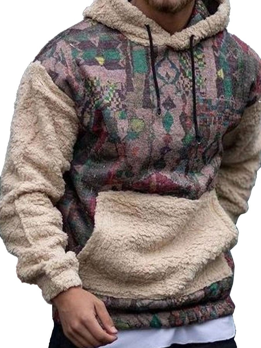 Men DJ Print Hoodie | Ethnic Retro Printed Patchwork Pocket Hooded Thermal Sweatshirt Photo Color