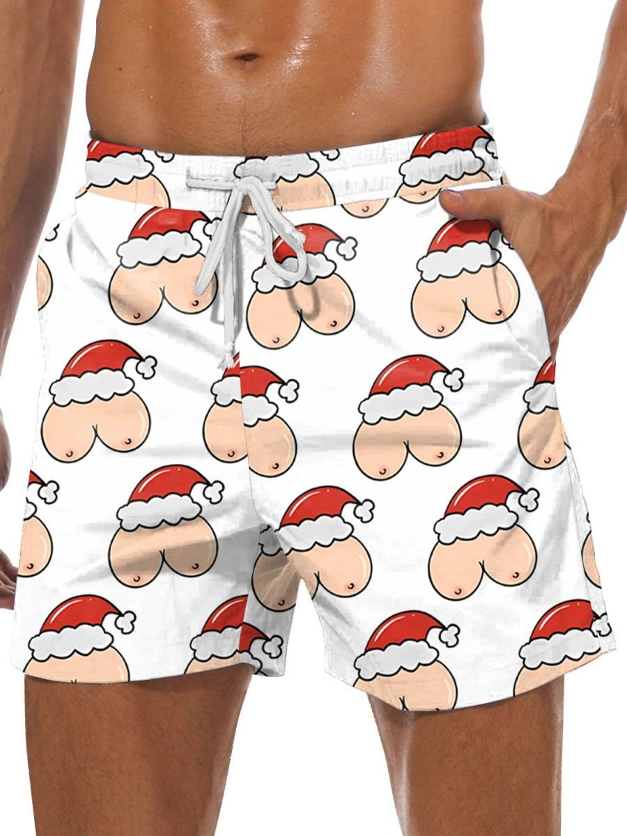 Men DJ Bottoms | Fun Christmas Boobs Print Double Pocket Lace Up Casual Shorts White