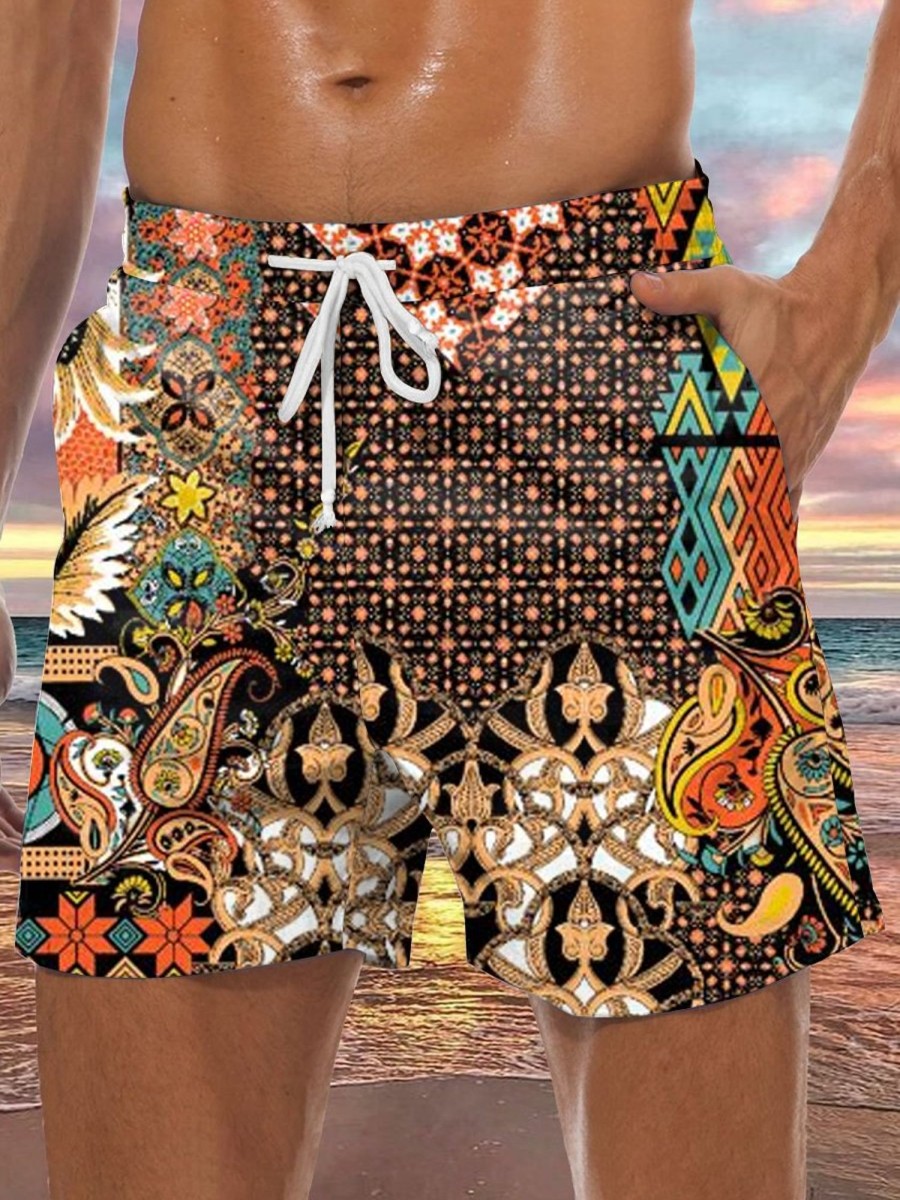 Men DJ Shorts | Vintage Geometric Print Pocket Tie Hawaiian Shorts Photo Color