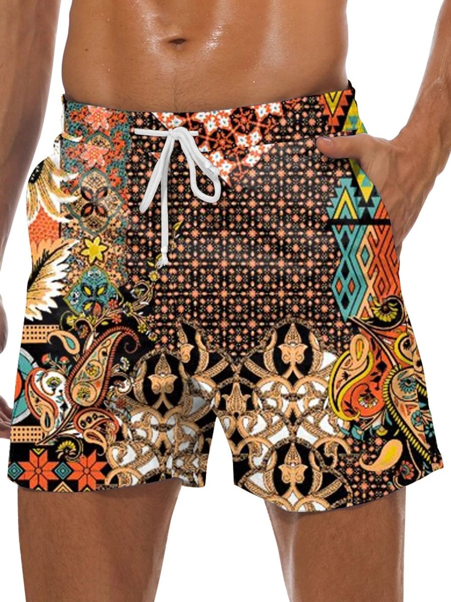 Men DJ Shorts | Vintage Geometric Print Pocket Tie Hawaiian Shorts Photo Color