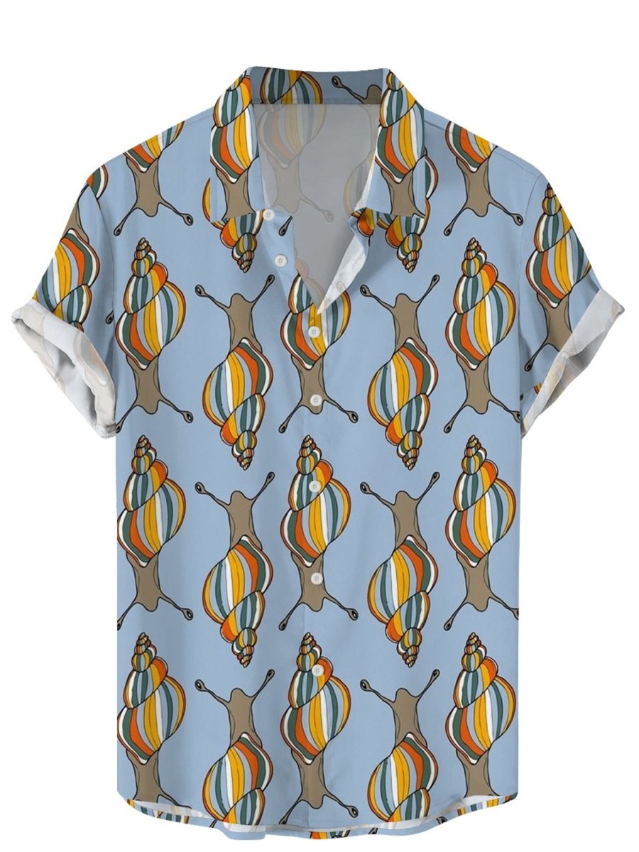 Men DJ Shirts | Colorful Snail Print Casual Hawaiian Short Sleeve Shirt Blue