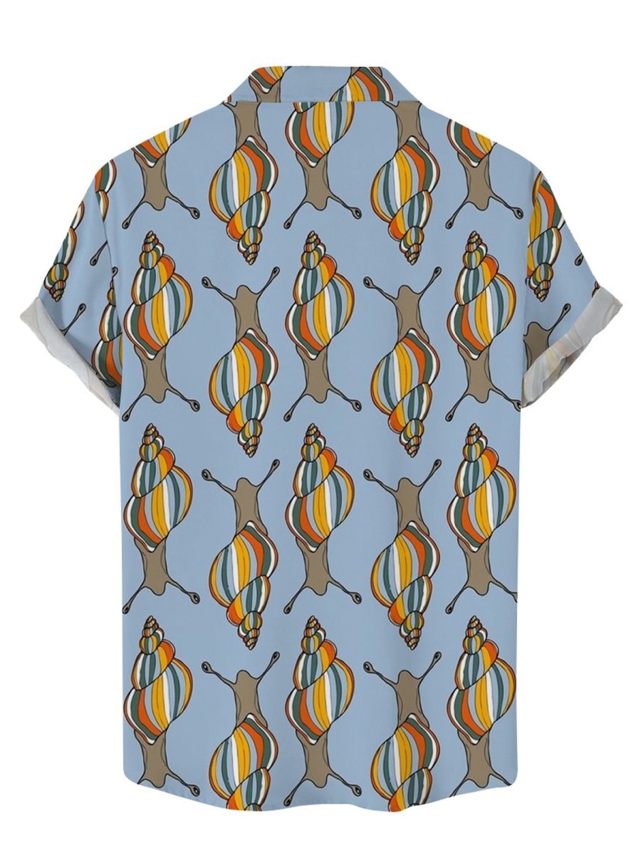 Men DJ Shirts | Colorful Snail Print Casual Hawaiian Short Sleeve Shirt Blue