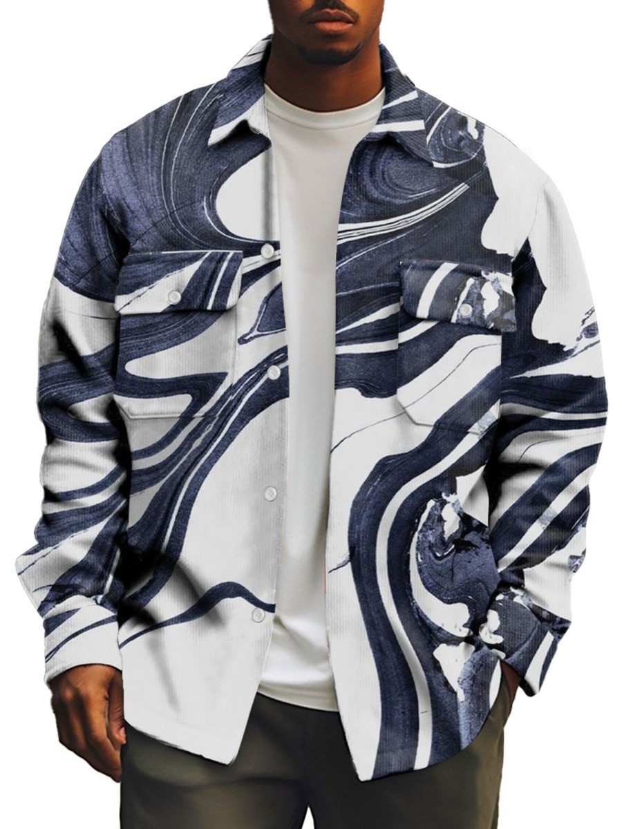 Men BXL Print Jacket | Men'S Casual Marble Print Double Pocket Corduroy Jacket 88531319Xl Blue