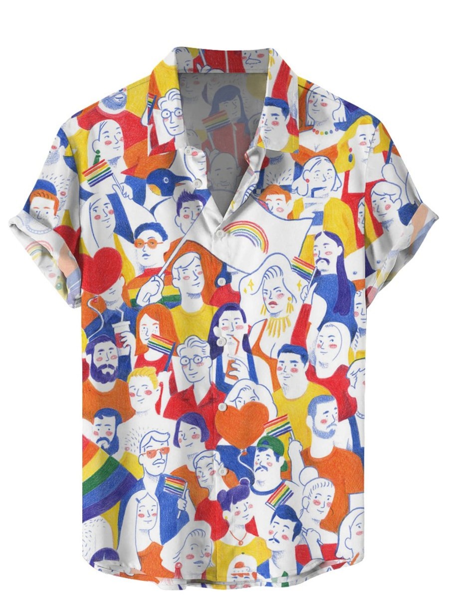 Men HLJ Shirts | Pride Month Casual Hawaiian Short Sleeve Shirt White