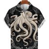 Men DJ Shirts | Vintage Pattern Octopus Print Short Sleeve Shirt Black