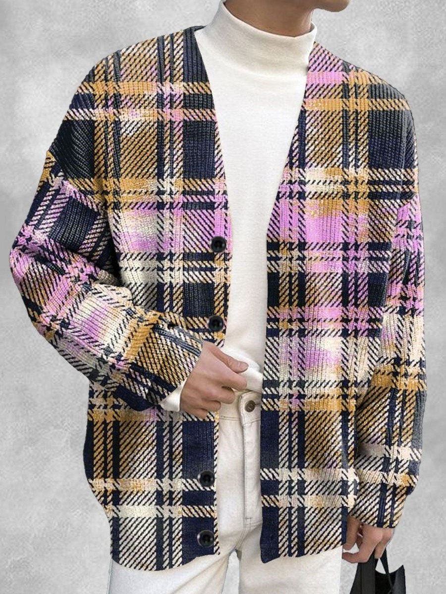 Men DJ Print Cardigan | Retro Multi-Color Plaid Printed Single-Breasted Casual Knitted Cardigan Photo Color