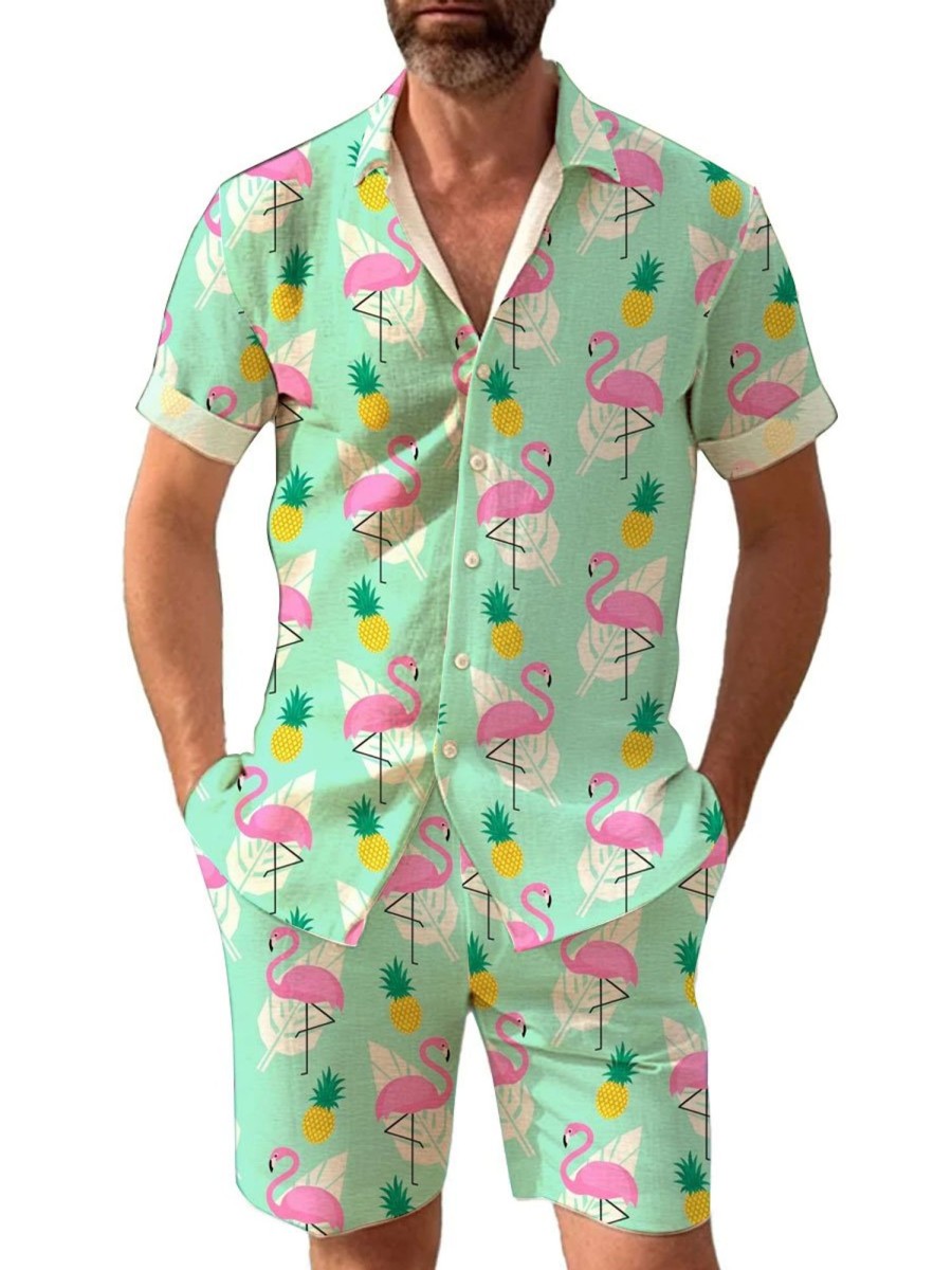 Men TH Set | Men'S Hawaiian Flamingo Print Short Sleeve Shirt Green