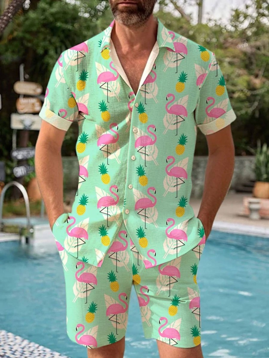 Men TH Set | Men'S Hawaiian Flamingo Print Short Sleeve Shirt Green