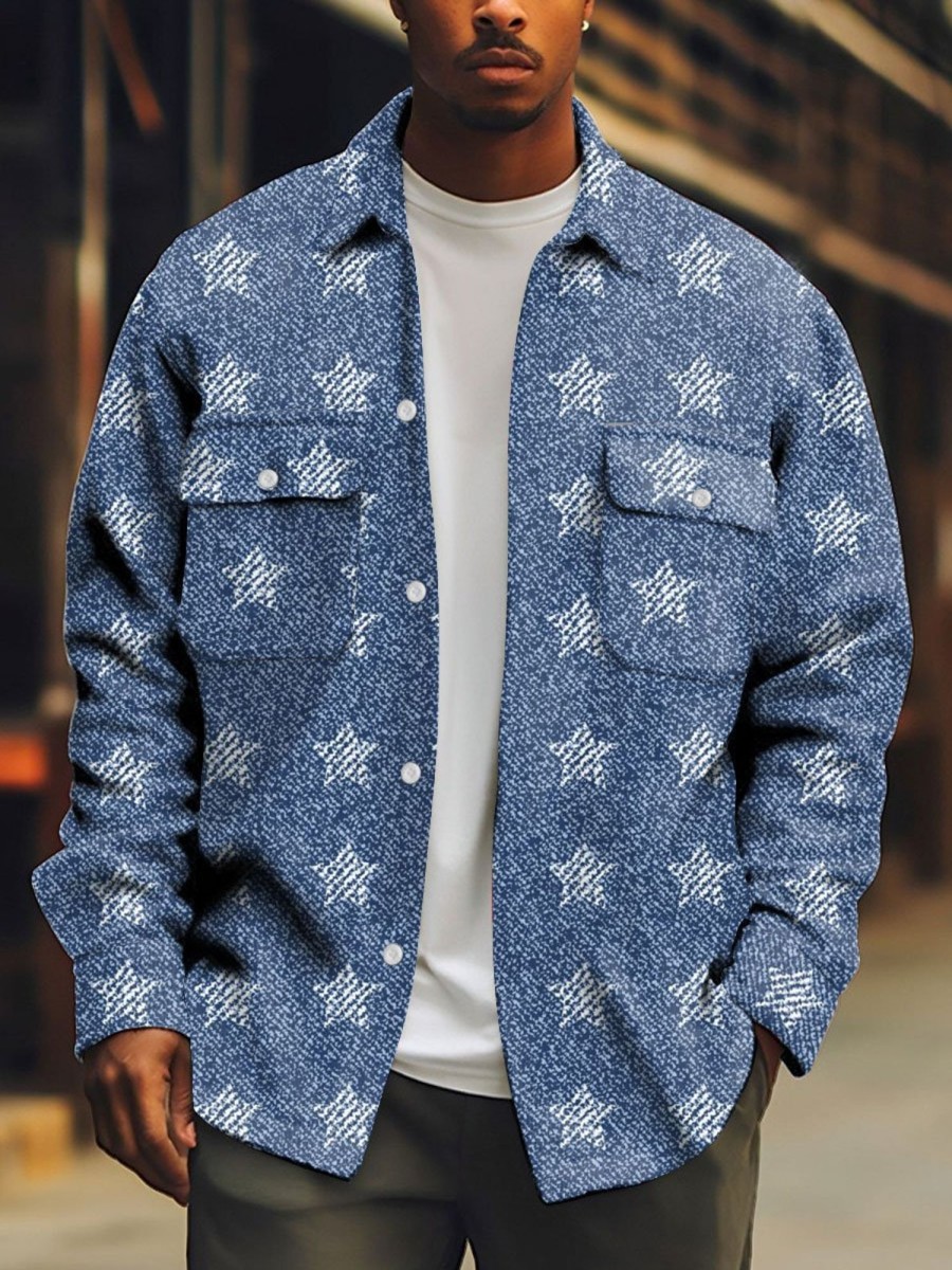 Men BXL Print Jacket | Geometric Print Double Pocket Single Breasted Lapel Casual Shirt Jacket Blue